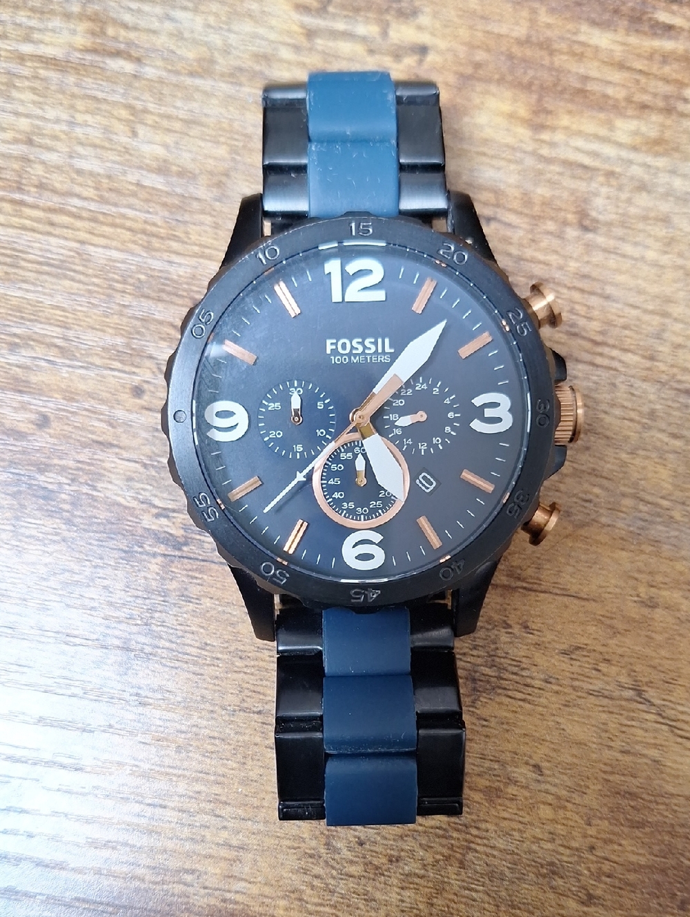 Fossil Blue and Black Men’s Nate Chronograph Watch with Rose Gold Accents